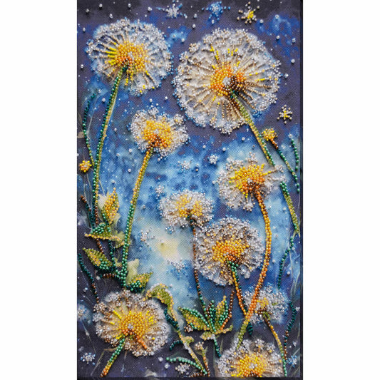 Decorative artwork of beaded dandelions on a blue background