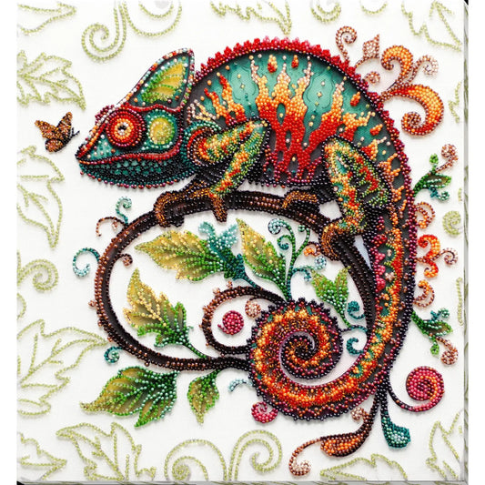 Colorful beaded chameleon on a decorative background
