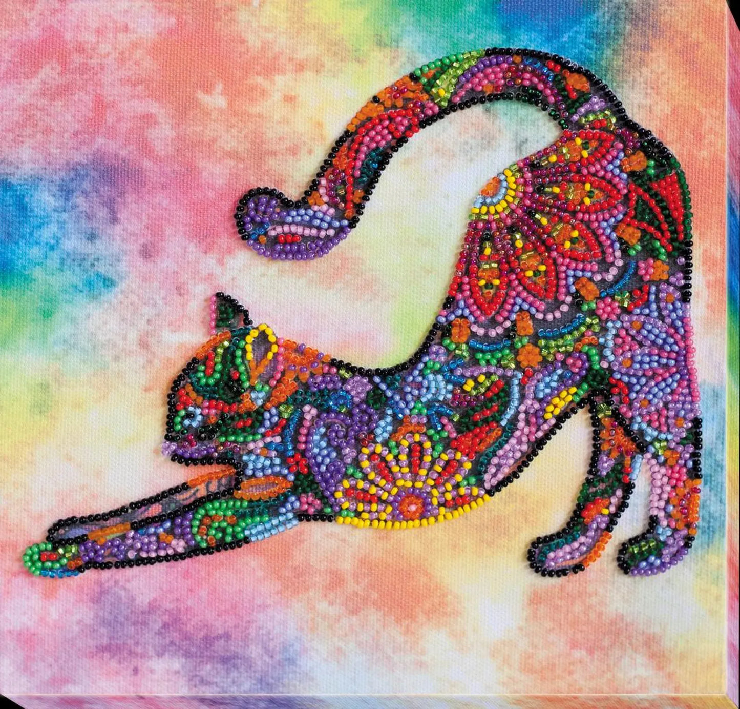 Colorful beaded cat art on a multicolored background