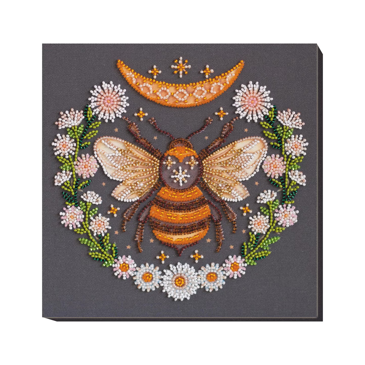 Decorative wall art with a bee and floral design on a gray background