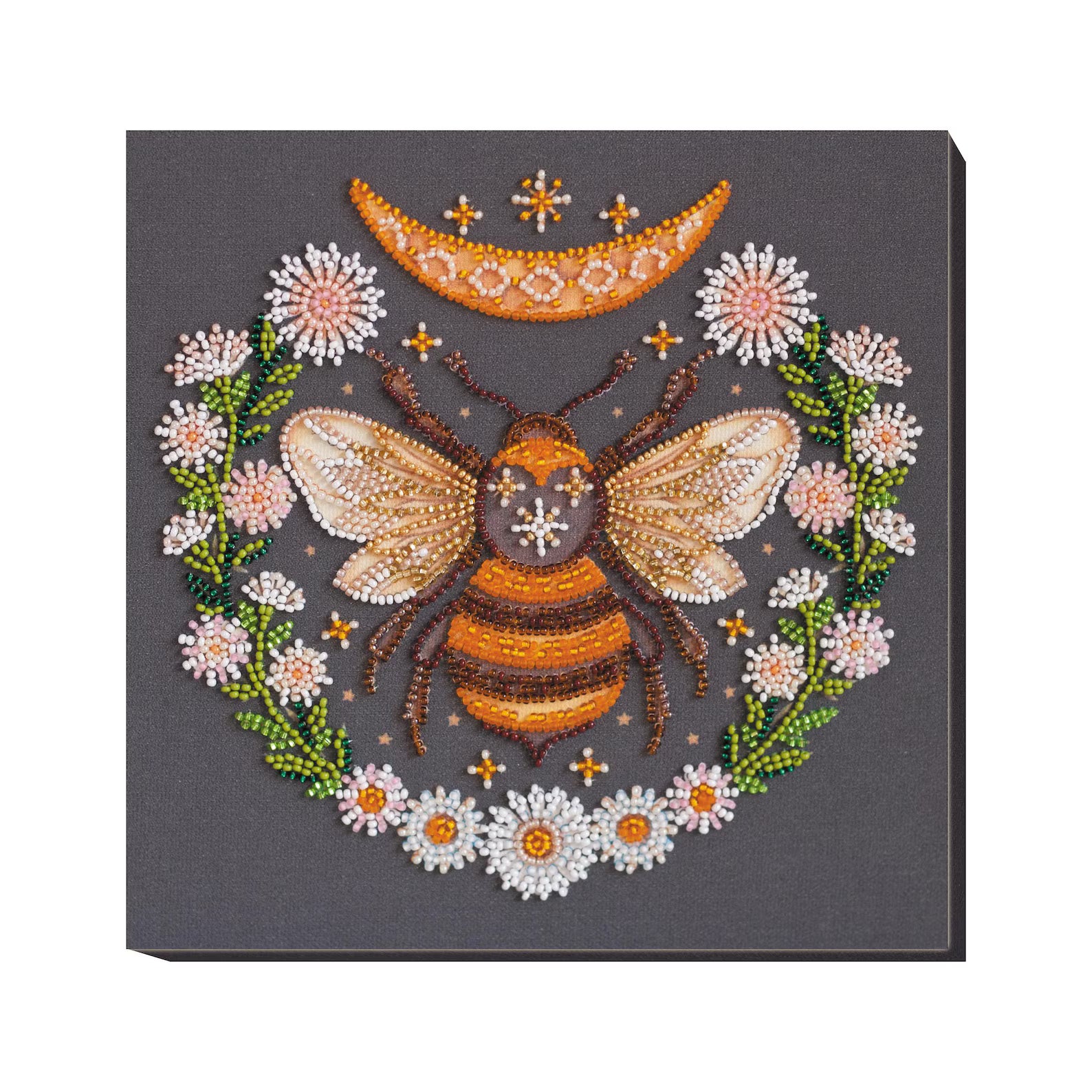 Decorative wall art with a bee and floral design on a gray background