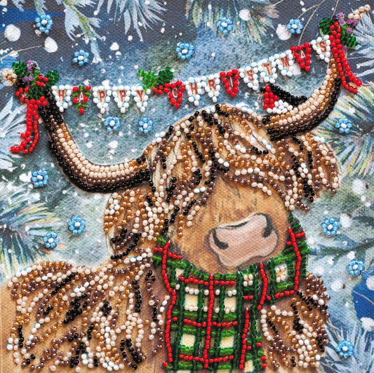 Decorative highland cow with beads and a 'Happy Christmas' banner on a festive background.