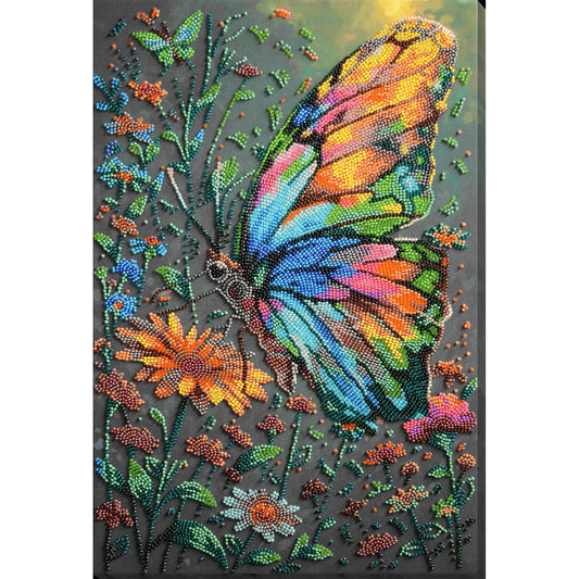 Colorful butterfly and floral design on a gray background