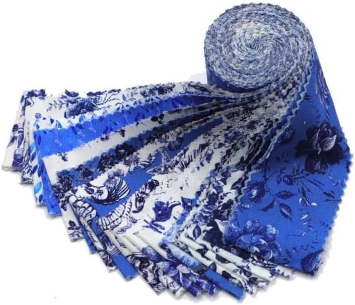 Set of blue and white patterned fabric pieces on a white background