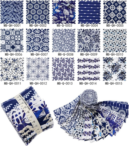 Collection of blue and white patterned fabric swatches and samples.