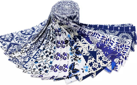 Blue and white patterned fabric with a floral design on a white background