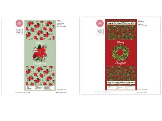Two Christmas-themed fabric swatches with poinsettia and wreath designs on a white background.