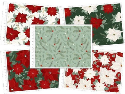 Collection of Christmas-themed fabric swatches with poinsettias and greenery.