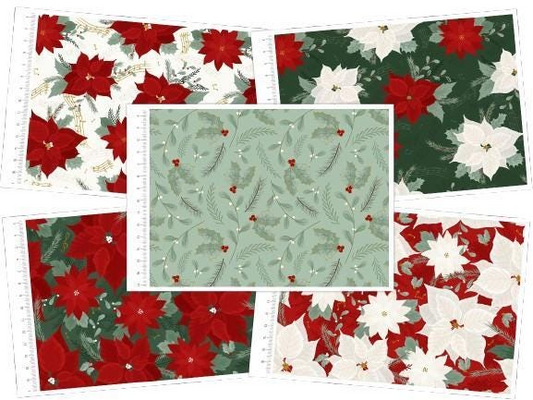 Collection of Christmas-themed fabric swatches with poinsettias and greenery.