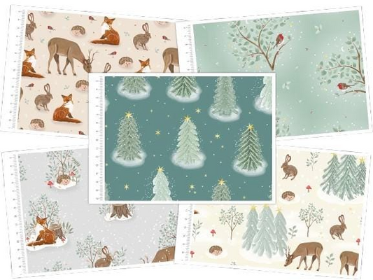 Collection of fabric swatches with nature-themed patterns including animals and trees.