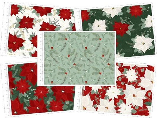Set of Christmas-themed fabric swatches with poinsettias and greenery.