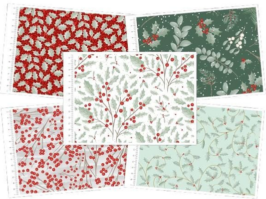 Set of fabric swatches with Christmas-themed patterns featuring red berries and green leaves.