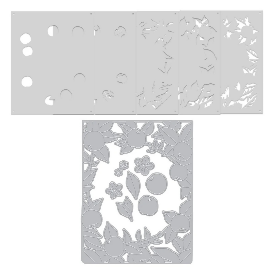 Set of metal stencils with floral and geometric designs on a white background