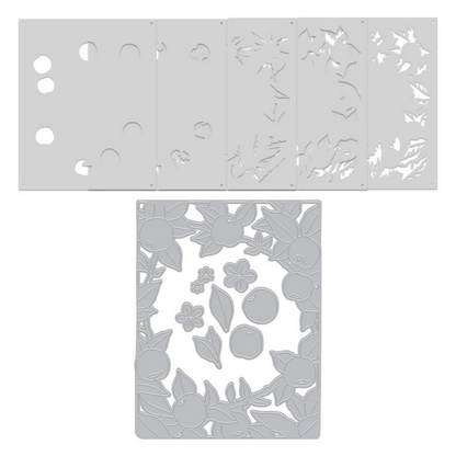 Set of metal stencils with floral and geometric designs on a white background