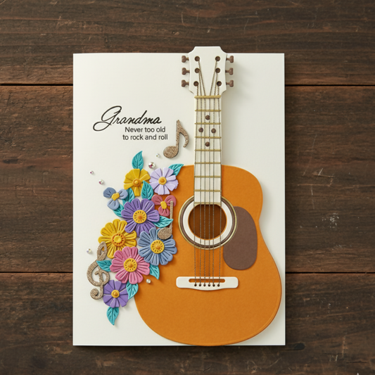 Greeting card with a guitar design and flowers on a wooden surface