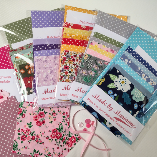 Collection of patchwork fabric samples and templates on a white background