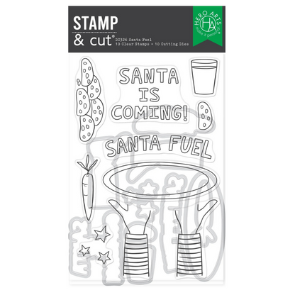 Stamp and cut set with 'Santa is coming! Santa fuel' text and related illustrations on a white background.