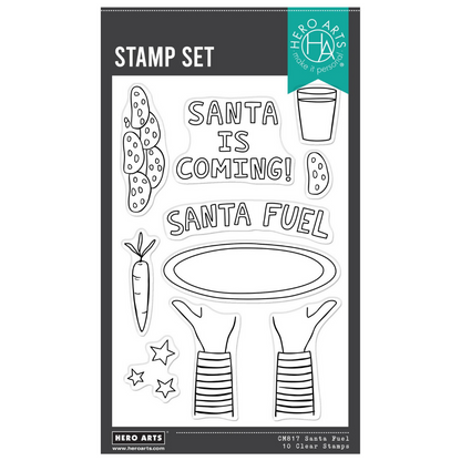 Hero Arts Santa Fuel stamp set packaging with black and white illustrations on a white background