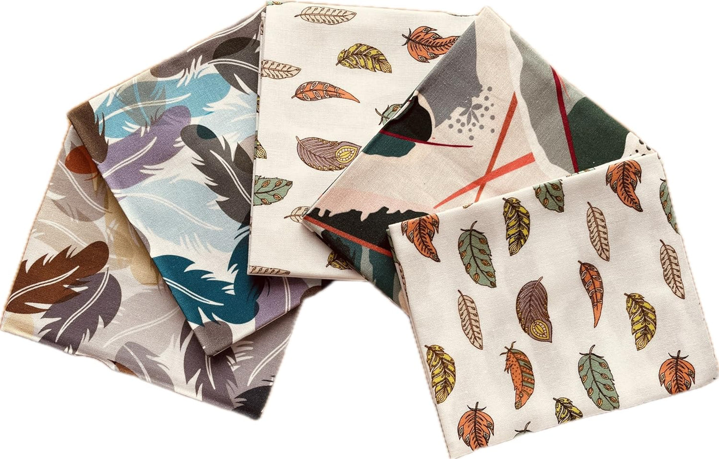 Set of four fabric swatches with feather patterns on a white background