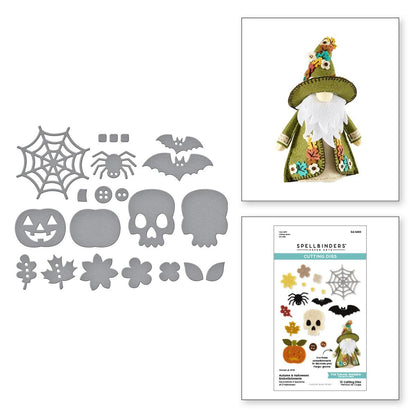 Set of Halloween-themed cutting dies with a gnomes and autumn elements on a white background.