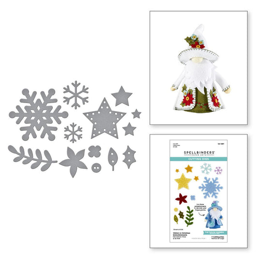 Set of die-cut Christmas shapes including snowflakes, stars, and floral designs, with a gnomes-themed product and Spellbinders packaging.