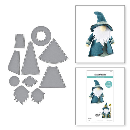 Set of dies shape and a paper cutout of a gnome with a cutting pad on a white background.