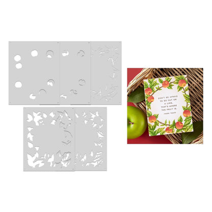 Two stencils with floral patterns and a card with fruit design on a white background.