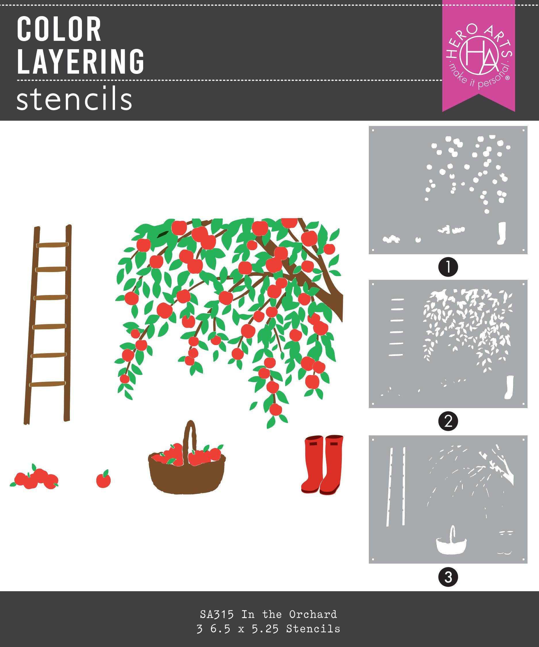 Color layering stencils with illustrations of an apple tree, ladder, basket, and boots on a white background.