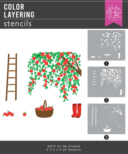 Color layering stencils with illustrations of an apple tree, ladder, basket, and boots on a white background.