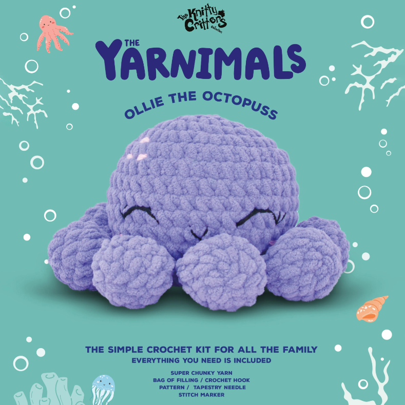 Crochet kit for Ollie the Octopuss with yarn and tools on a teal background
