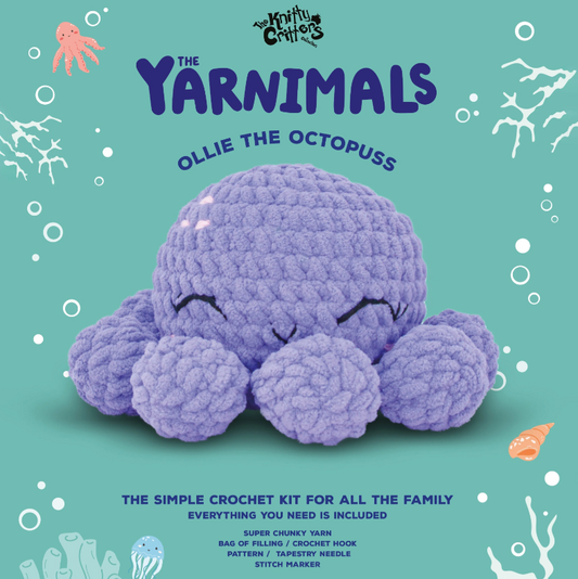 Crochet kit for Ollie the Octopuss with yarn and tools on a teal background