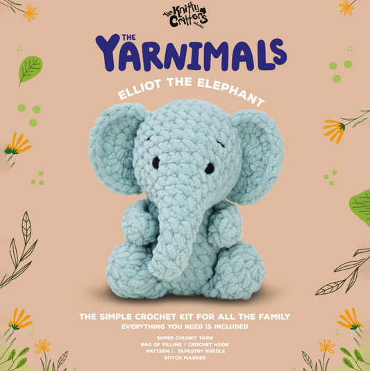 Crochet kit for 'Elliot the Elephant' with brand logo and text on a patterned background