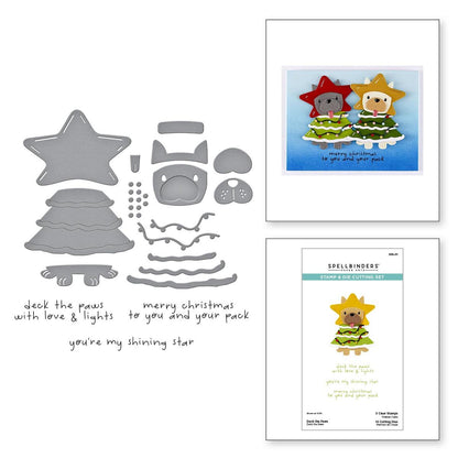 Set of Christmas-themed metal dies and printed cards on a white background