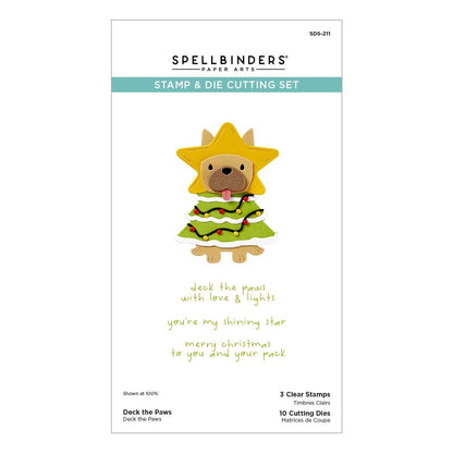 Spellbinders Stamp & Die Cutting Set packaging with a dog-themed Christmas tree design on a white background.