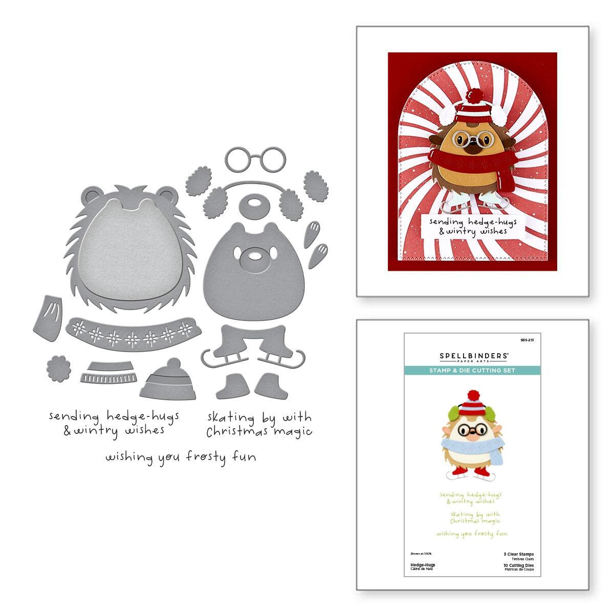 Set of die-cutting templates and printed cards with Christmas-themed designs on a white background.