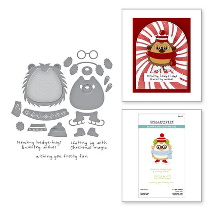 Set of die-cutting templates and printed cards with Christmas-themed designs on a white background.