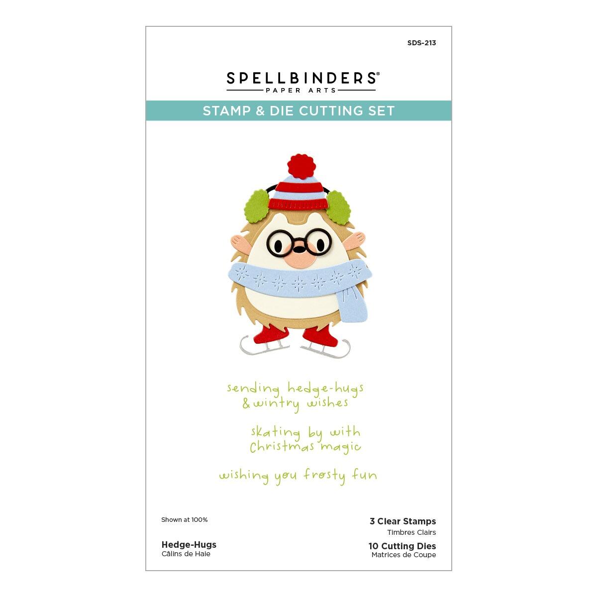 Spellbinders Stamp & Die Cutting Set packaging with a cartoon hedgehog design on a white background.