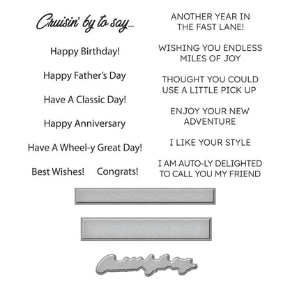 Spellbinders Cruisin' By Sentiments Clear Stamp & Die Set - CraftSource Market: Craft Supplies & Kits Spellbinders > Bundles > Birthday > Craft Bundle