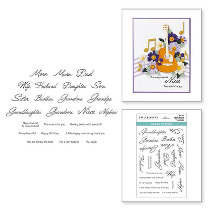Set of personalized cards with musical design and text on a white background