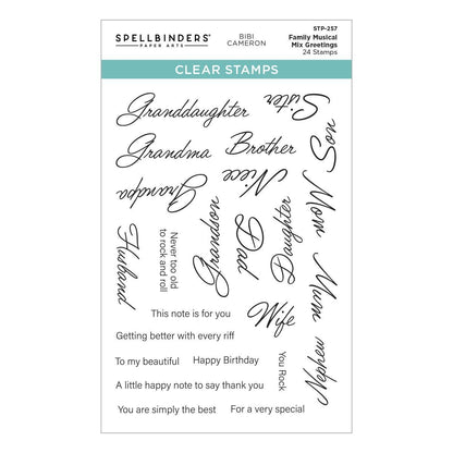 Set of clear stamps with various family-related phrases on a white background