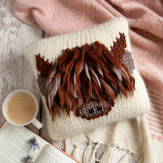 Wool Couture Highland Cow Cushion Cover Knitting Kit - CraftSource Market: Craft Supplies & Kits