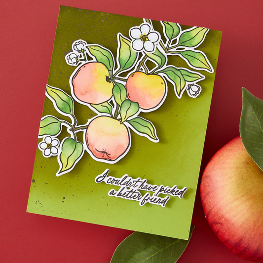 Card with apple illustration and text 'I couldn't have picked a better friend' on a red background