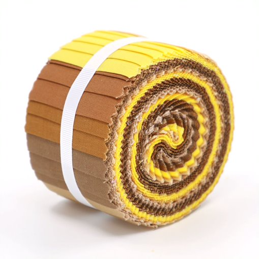 Roll of fabric with brown and yellow pattern on a white background