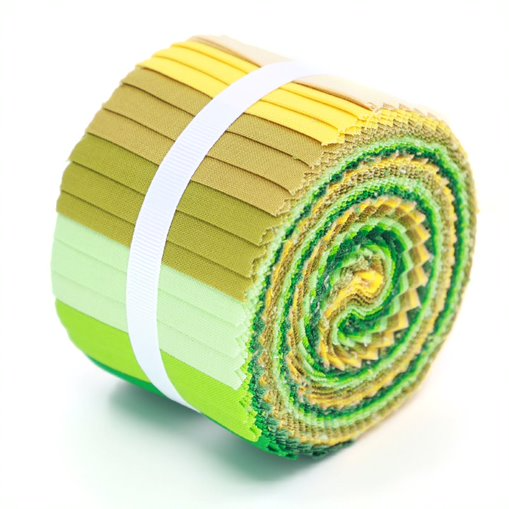 Rolled-up fabric with green, yellow, and beige colors on a white background