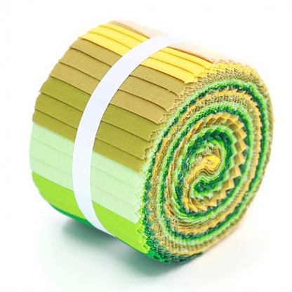 Rolled-up fabric with green, yellow, and beige colors on a white background