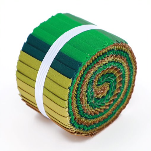 Rolled-up green and brown fabric roll with a white band on a white background