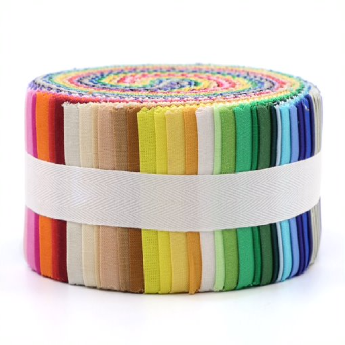Roll of colorful fabric strips on a white background