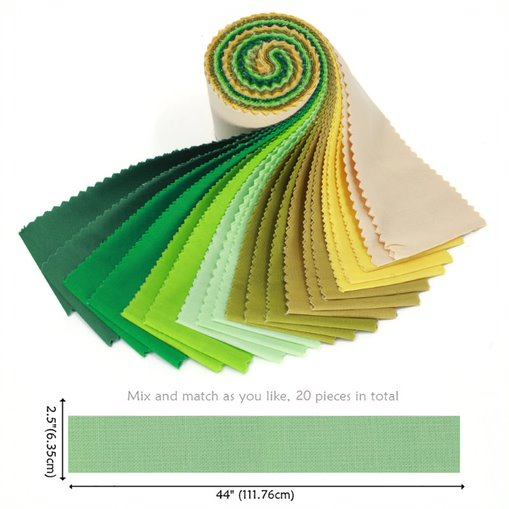 Roll of green fabric swatches with dimensions and text on a white background