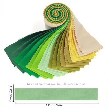 Roll of green fabric swatches with dimensions and text on a white background