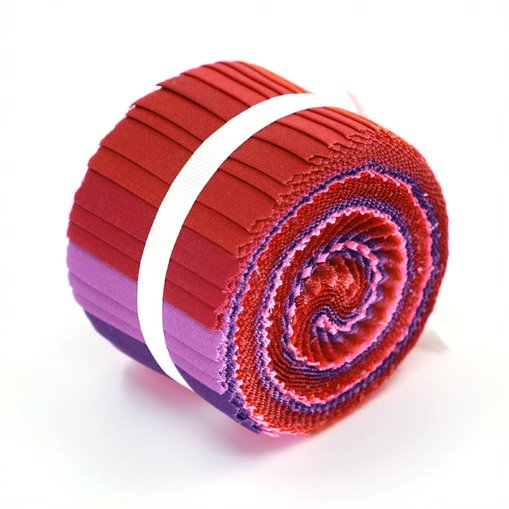 Roll of red and purple fabric with a white band on a white background